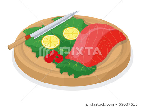Cut up tuna fish and salmon minnow on wooden kitchen board conce 69037613