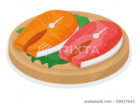 Piece fish tuna salmon, fresh steak tenderloin on wooden kitchen 69037643