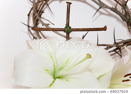Crown of Thorns, crucifix and Easter white Lily Crown of Thorns, crucifix and Easter white Lily 69037929
