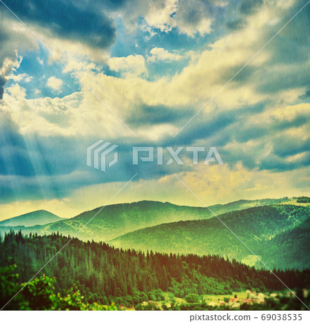 Fairy Tale Forest in Retro Style. Paper Vintage Textured. Mountain Landscape 69038535