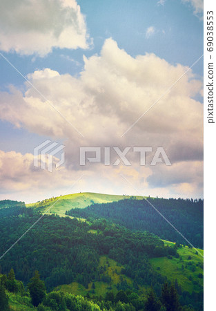 Fairy Tale Forest in Retro Style. Paper Vintage Textured. Mountain Landscape Fairy Tale Forest in Retro Style. Paper Vintage Textured. Mountain Landscape 69038553