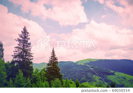 Fairy Tale Forest in Retro Style. Paper Vintage Textured. Mountain Landscape 69038554