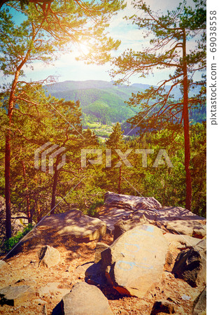 Fairy Tale Forest in Retro Style. Paper Vintage Textured. Mountain Landscape Fairy Tale Forest in Retro Style. Paper Vintage Textured. Mountain Landscape 69038558