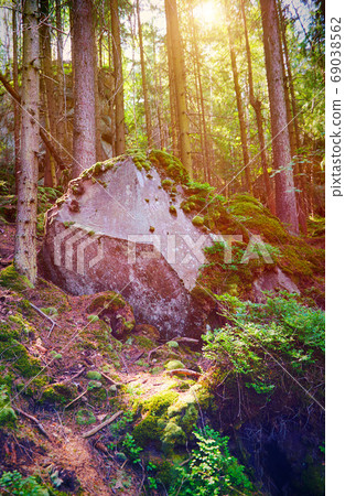 Fairy Tale Forest in Retro Style. Paper Vintage Textured. Mountain Landscape Fairy Tale Forest in Retro Style. Paper Vintage Textured. Mountain Landscape 69038562