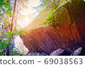 Fairy Tale Forest in Retro Style. Paper Vintage Textured. Mountain Landscape 69038563