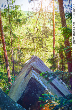 Fairy Tale Forest in Retro Style. Paper Vintage Textured. Mountain Landscape Fairy Tale Forest in Retro Style. Paper Vintage Textured. Mountain Landscape 69038564