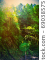 Fairy Tale Forest in Retro Style. Paper Vintage Textured. Mountain Landscape 69038575