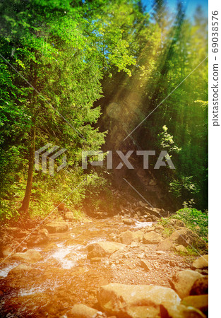 Fairy Tale Forest in Retro Style. Paper Vintage Textured. Mountain Landscape 69038576