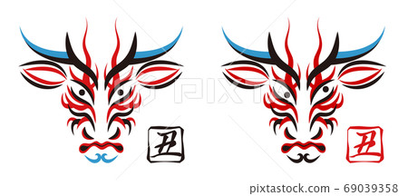 Bovine face design Japanese traditional performing art Kabuki face makeup Kumatori illustration set vector Bovine face design Japanese traditional performing art Kabuki face makeup Kumatori illustration set vector 69039358
