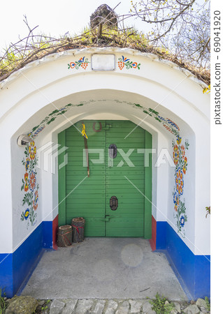 Group of typical outdoor wine cellars in Plze near 69041920