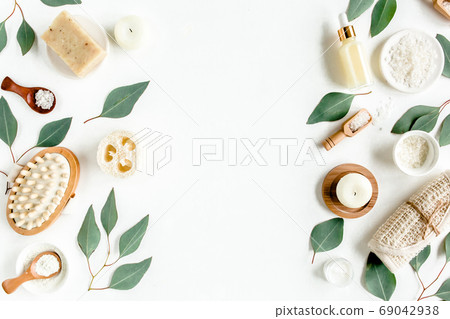 Spa concept with eucalyptus oil and eucalyptus leaf extract natural organic spa cosmetics products eco friendly bathroom accessories.Skincare concept  69042938