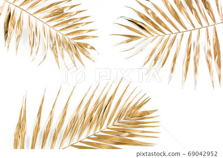 Gold tropical palm leaves on white background. Flat lay, top view minimal concept. Gold tropical palm leaves on white background. Flat lay, top view minimal concept. 69042952