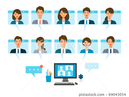 Illustration of businessmen in the window of the video conference screen 69043054