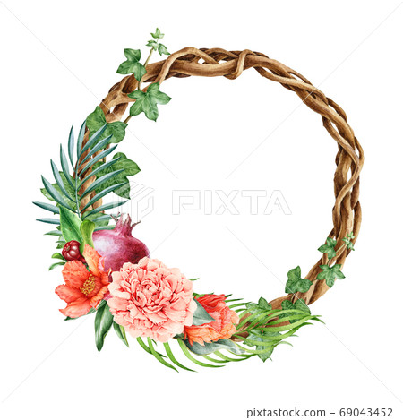Pomegranate and peony flower and fruit wreath. Pomegranate and peony flower and fruit wreath. 69043452