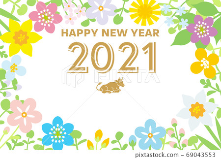 2021牛年新年賀卡躺在牛圖標和春天花相框 2021牛年新年賀卡躺在牛圖標和春天花相框 69043553