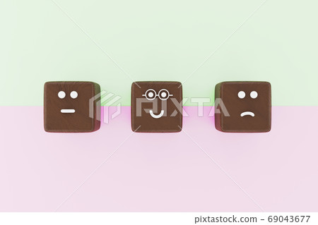 3D illustration of 3 cube shape face emoticons for a survey. Marketing and client satisfation concept. 69043677