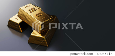 Close up view of Gold bars or ingots in bank vault background. Precious metal. 3D illustration  69043712