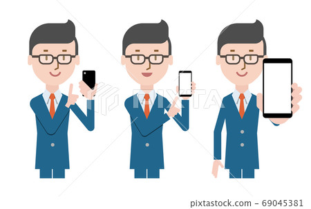 Businessman operating a smartphone, person icon Businessman operating a smartphone, person icon 69045381