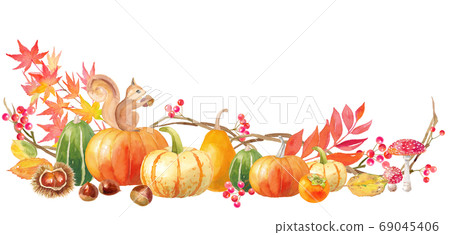 Halloween pumpkin and squirrel decorative frame. Autumn image watercolor illustration (white background) 69045406