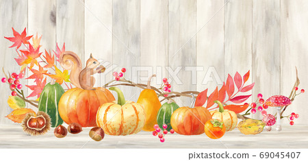 Halloween pumpkin and squirrel decorative frame. Autumn image watercolor illustration (wood background) 69045407