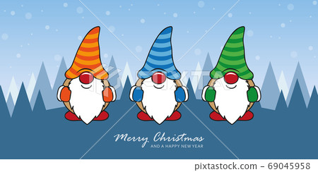 christmas greeting card with cute christmas dwarf and snowy landscape christmas greeting card with cute christmas dwarf and snowy landscape 69045958