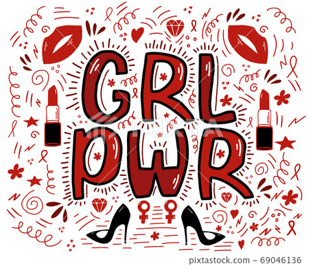 Girl power lettering with ribbons, lips, lipstick, 69046136