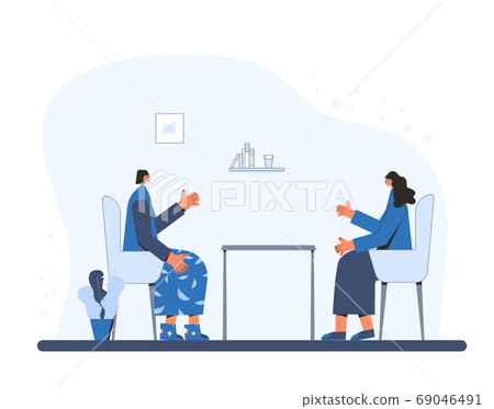 Two women talking at home. Vector flat illustration. Two women talking at home. Vector flat illustration. 69046491