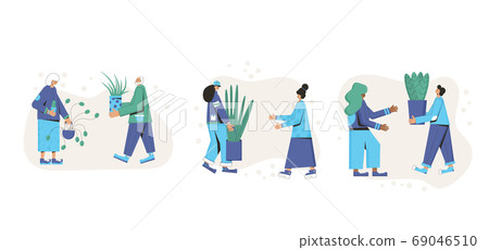 Plant lover. Man with indor flower pot. Vector 69046510