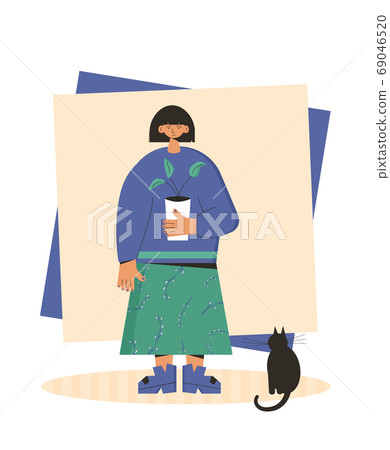 Plant lover. Man with indor flower pot. Vector 69046520