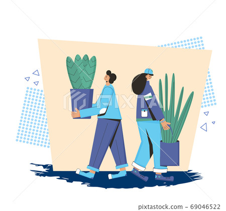 Plant lover. Man with indor flower pot. Vector 69046522