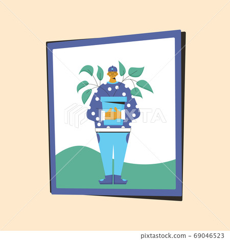 Plant lover. Man with indor flower pot. Vector 69046523