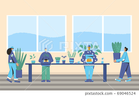 Plant lover. Man with indor flower pot. Vector Plant lover. Man with indor flower pot. Vector 69046524