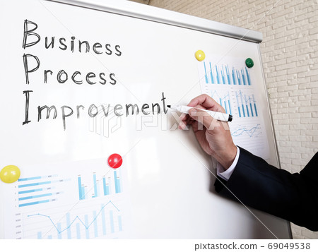 Business Process Improvement BPI manager writes on a whiteboard. Business Process Improvement BPI manager writes on a whiteboard. 69049538