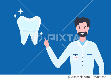 Cartoon vector illustration of dentist showing healthy tooth. Concept of dental health care, cleaning teeth, whitening, caries prevention. Vector illustration of dental service 69049838