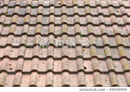 Dirty roof tiles with dense moss requiring cleaning Dirty roof tiles with dense moss requiring cleaning 69049909
