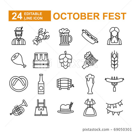 Oktoberfest, the world's largest beer festival, Bavaria - thin line web icon set. Outline icons collection. Simple vector illustration. 69050301
