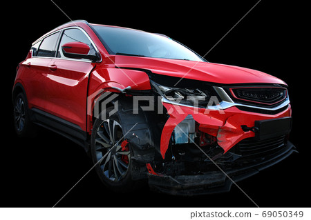 car after an accident on a black background 69050349