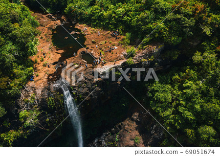 Aerial view from above of the Tamarin waterfall seven cascades in the tropical jungles of the island of Mauritius 69051674
