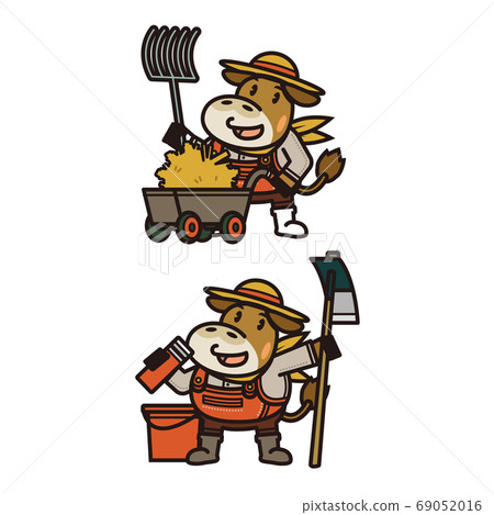 Jersey cow posing with farm equipment [farmer, dairy farmer, ox year, hydration, new year's card material] Illustration 69052016