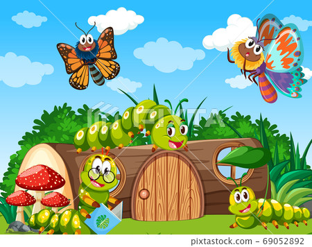 Butterflies and worms living in the garden scene Butterflies and worms living in the garden scene 69052892