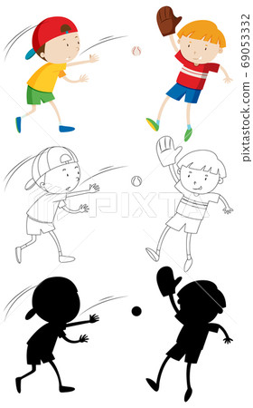 Two kids playing baseball in color and in outline 69053332