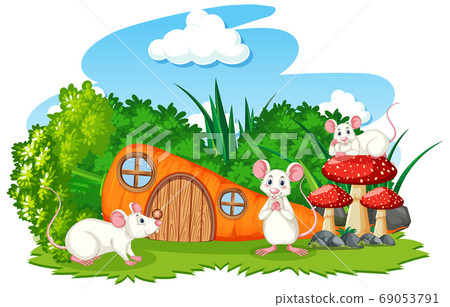 Carrot house with three mouses cartoon style on Carrot house with three mouses cartoon style on 69053791