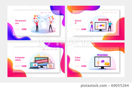 Social Networking, Virus Attack and Phishing Fraud Landing Page Template Set. Hackers Stealing Personal Data in Internet 69055264