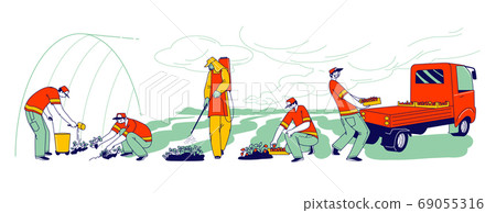 Strawberry Farm Workers Care, Picking and Loading Fresh Berries for Distribution. Immigrants or Volunteers Characters 69055316