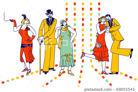 Couples Sparetime with Retro Dancing in Night Club, Elegant Characters Active Lifestyle, Men Women Spend Time Together 69055543