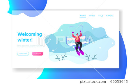 Christmas Holidays Recreation Landing Page Template. Man Wearing Skis Rise to Elevator. Male Go Up Hill on Cable Rope 69055645