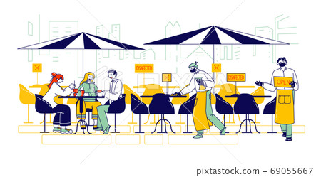 Restaurant Disinfection, Coronavirus Infection Spreading Prevention. Characters Sit at Outdoor Cafe, Waiter Clean Desk 69055667