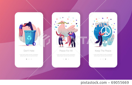 International Day of Peace Mobile App Page Onboard Screen Template. Characters Hug, Throw Out Gun around of Earth Globe 69055669
