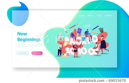 Back to School Concept Landing Page Template. Students and Teacher Characters Wear Medical Masks with Studying Supplies 69055670