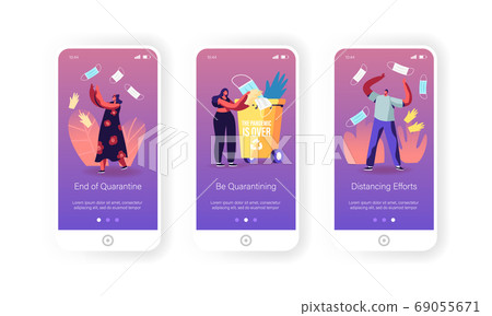 End Quarantine Mobile App Page Onboard Screen Template. Joyful and Happiness Emotions, Joy for Covid-19 Lockdown Finish End Quarantine Mobile App Page Onboard Screen Template. Joyful and Happiness Emotions, Joy for Covid-19 Lockdown Finish 69055671